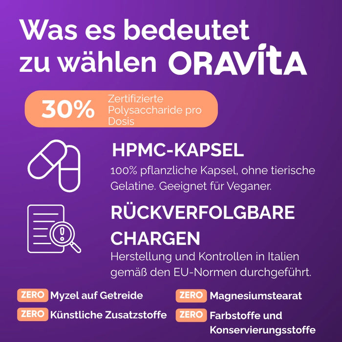 Lion's Mane Kapseln ORAVità: 30% zertifizierte Polysaccharide, Fruchtkörper, pflanzliche HPMC-Kapsel