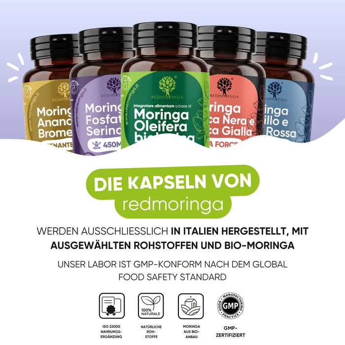 RedMoringa supplements are made in Italy with organic Moringa in a GMP-compliant laboratory