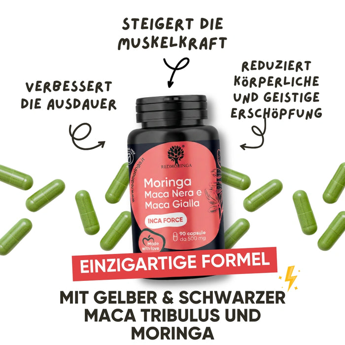 Schwarze Maca Inca Force: steigert Muskelkraft, verbessert Ausdauer und reduziert körperliche und geistige Erschöpfung