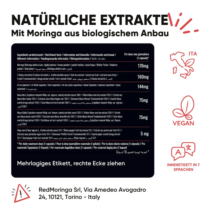 Etikett schwarze Maca Inca Force RedMoringa: natürliche Extrakte mit Bio-Moringa, Zutaten und Nährwertangaben
