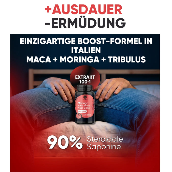 Schwarze Maca einzigartige Boost-Formel in Italien – Maca + Moringa + Tribulus 90% Saponine, Extrakt 100:1
