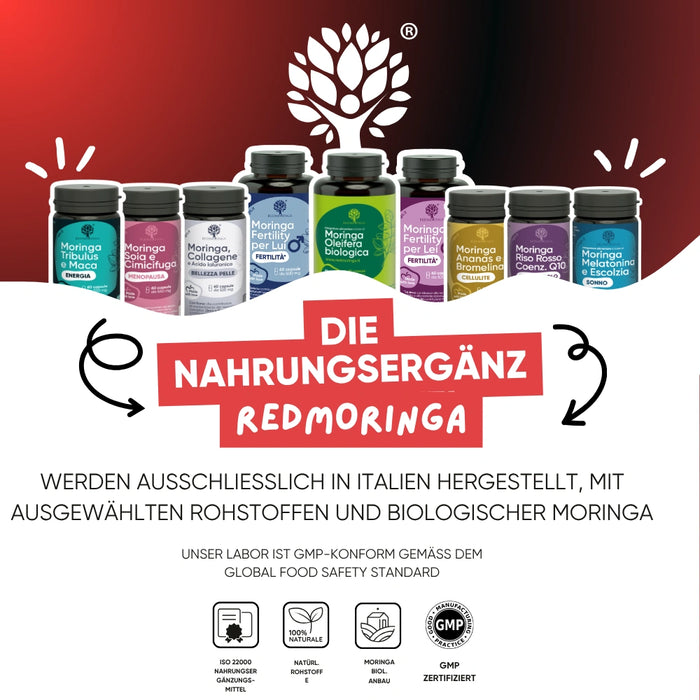 RedMoringa Nahrungsergänzungsmittel-Linie hergestellt in Italien mit Bio-Moringa – Inca Force schwarze Maca