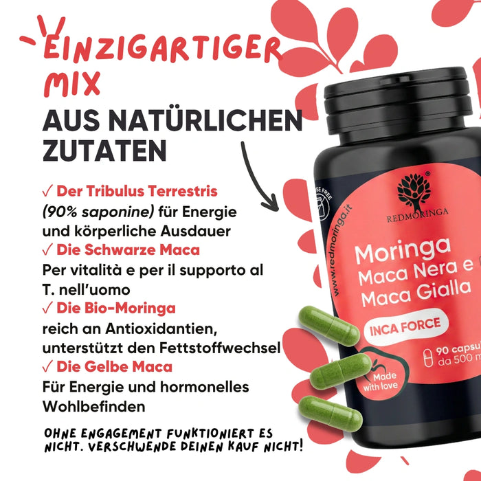 Schwarze Maca Inca Force: einzigartiger Mix aus Tribulus 90%, Maca Nera, Bio-Moringa und Maca Gialla