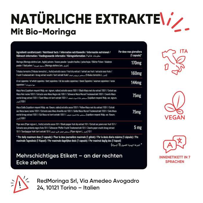 Etikett Inca Force RedMoringa: Schwarze Maca 75mg, Gelbe Maca 75mg, Tribulus 160mg, Moringa 170mg, Schwarzer Pfeffer 5mg