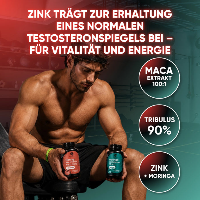 Maca und Tribulus RedMoringa unterstützen Kraft und Energie: Maca Extrakt 100:1, Tribulus 90%, Zink und Bio-Moringa