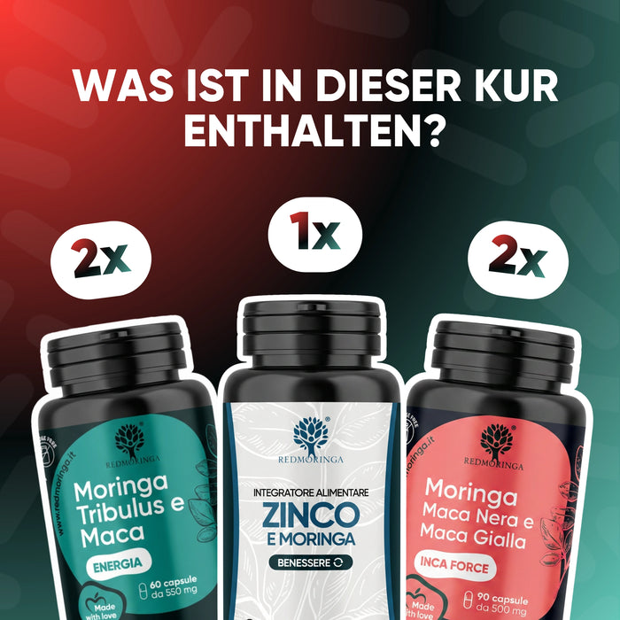 Inca Boost Protokoll RedMoringa: 2x Moringa Tribulus Maca, 1x Zink und Moringa, 2x Schwarze und Gelbe Maca Inca Force