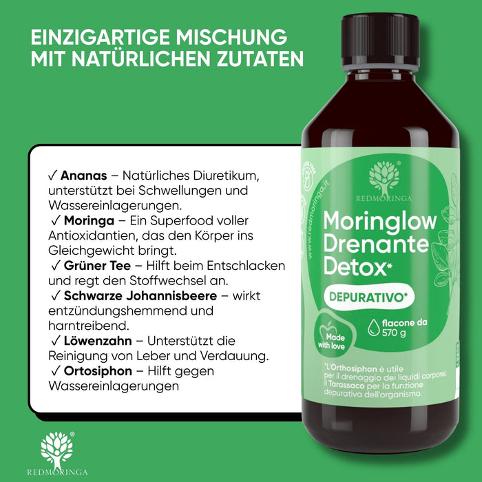 MORINGLOW Flasche von RedMoringa – flüssige Hilfe bei schweren Beinen