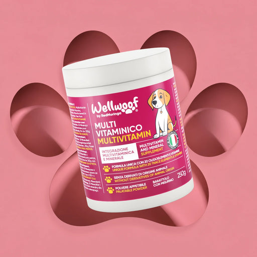 Barattolo di Wellwoof by RedMoringa, multivitaminico per cani e gatti in polvere da 250 g con misurino