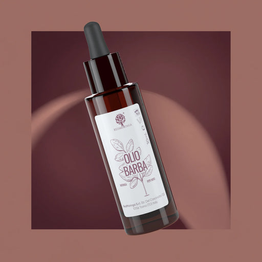 Flacone con contagocce dell'Olio Barba RedMoringa alla Moringa, argan, jojoba e macadamia su sfondo bordeaux