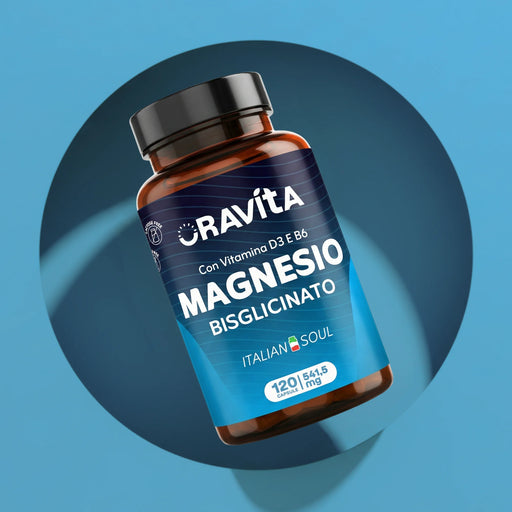 Flacone Oravita Magnesio Bisglicinato con vitamine D3 e B6, 120 capsule da 541,5 mg, integratore prodotto in Italia