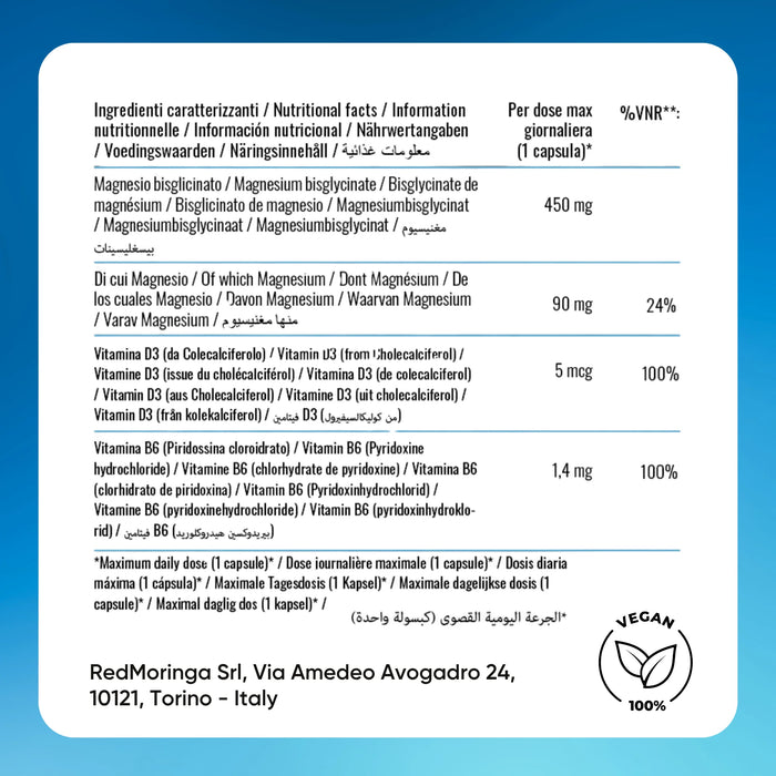 Tabella: magnesio bisglicinato 450 mg (Mg 90 mg), D3 5 µg, B6 1,4 mg per capsula