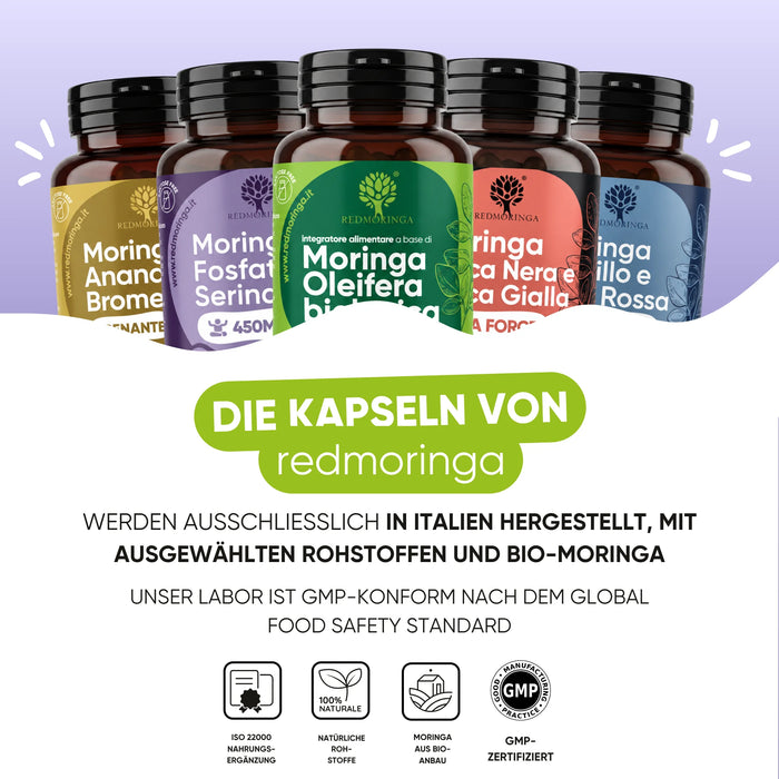RedMoringa supplements are made in Italy with organic Moringa in a GMP-compliant laboratory