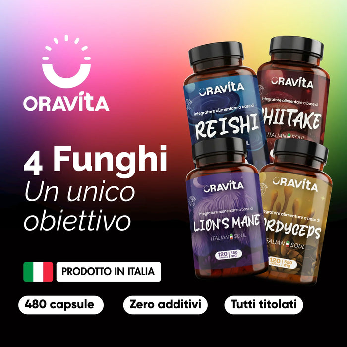 Oravita mushroom kit made in Italy: 480 capsules, zero additives, all standardised