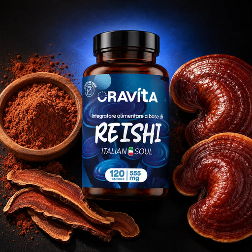 Flacone Reishi Oravita 120 capsule con funghi reishi freschi, fette essiccate e polvere, estratto titolato al 30%
