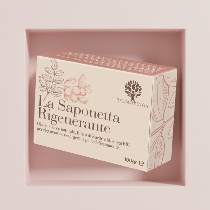 Saponetta rigenerante naturale RedMoringa con estratti vegetali, favorisce il rinnovamento cellulare e dona luminosità alla pelle.