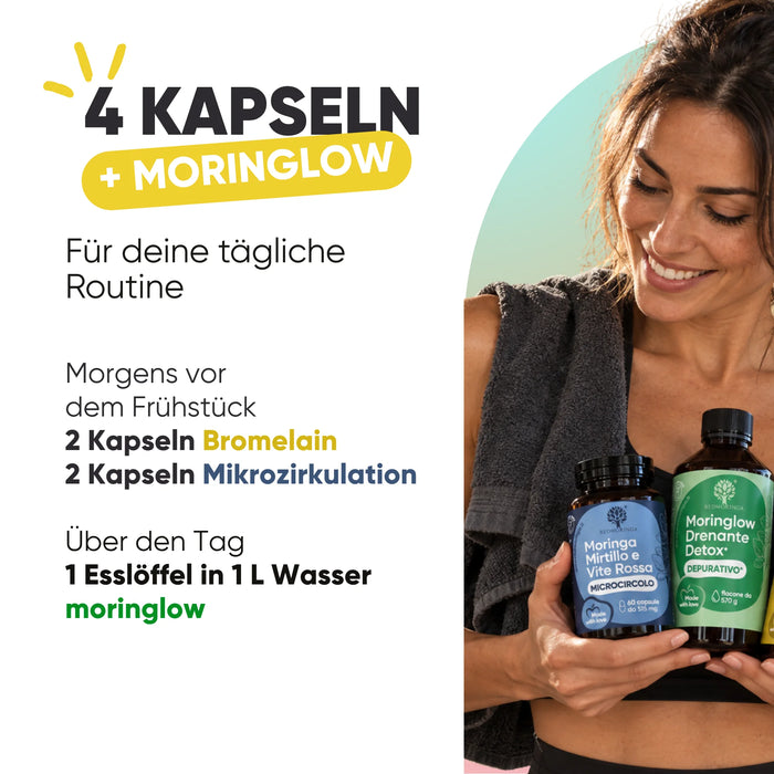 Come si usa: 2 capsule di bromelina e 2 di microcircolo al mattino, 1 cucchiaio di Moringlow in 1 L d’acqua