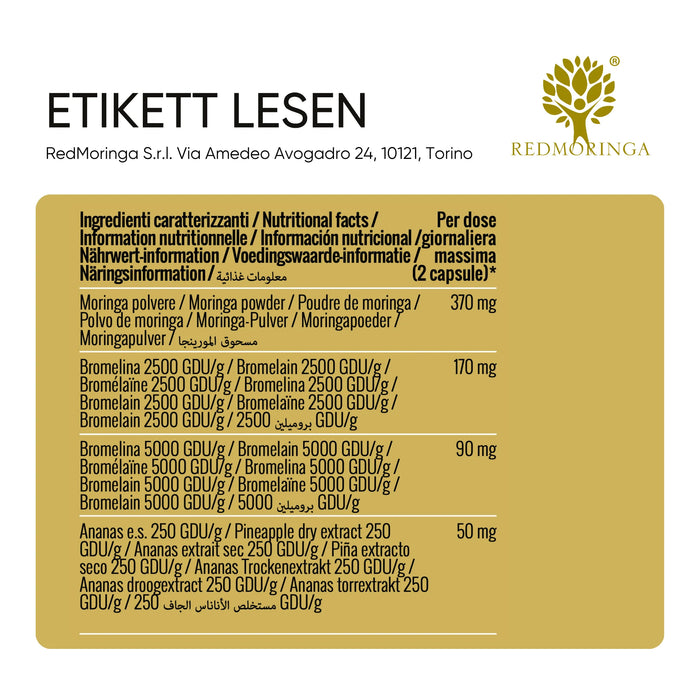 Tabella ingredienti Bromelina: Moringa, Bromelina 2500 e 5000 GDU, Ananas