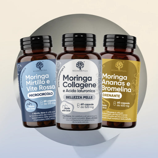 Set Gambe Perfette RedMoringa: Moringa Mirtillo e Vite Rossa, Moringa Collagene e Moringa Ananas e Bromelina, 3 flaconi