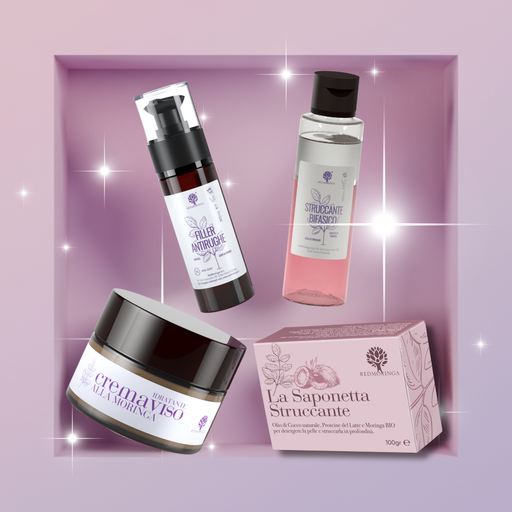 Set skincare naturale RedMoringa con saponetta e prodotti per la cura del viso e del corpo, ideale per pelli delicate e routine quotidiana.