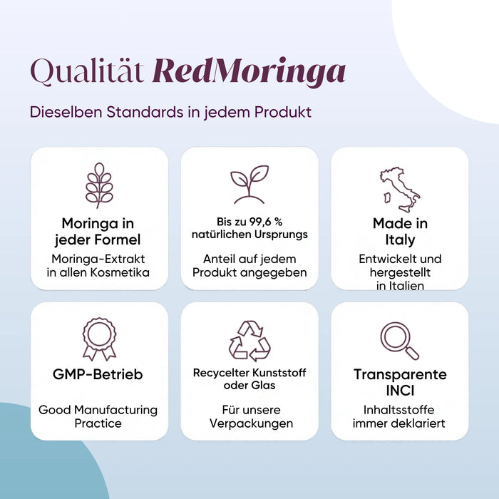 RedMoringa quality: Moringa in every formula, Made in Italy, GMP, recycled containers, transparent INCI