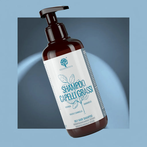 Flacone Shampoo Capelli Grassi RedMoringa con dosatore, 250 ml, shampoo moringa con amamelide, malva e cannella