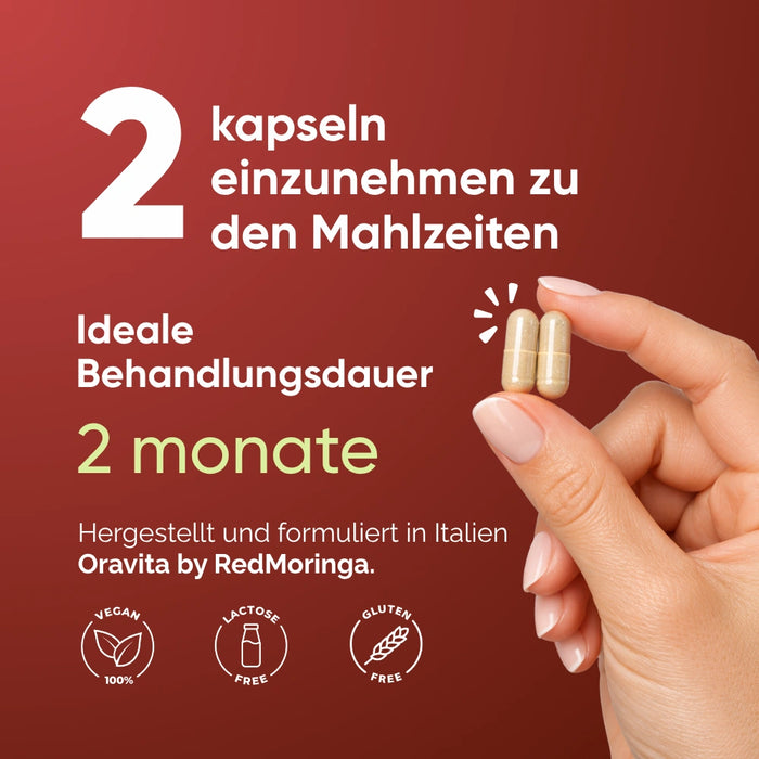 Shiitake Kapseln ORAVità einnehmen: 2 Kapseln zu den Mahlzeiten, empfohlene Einnahmedauer 2 Monate