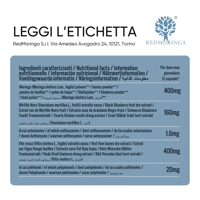 Microcirculation ingredients table: Moringa, bilberry, red vine leaf
