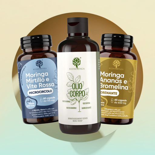 Trattamento Anticellulite Intensivo RedMoringa: Moringa Mirtillo e Vite Rossa, Olio Corpo e Moringa Ananas e Bromelina