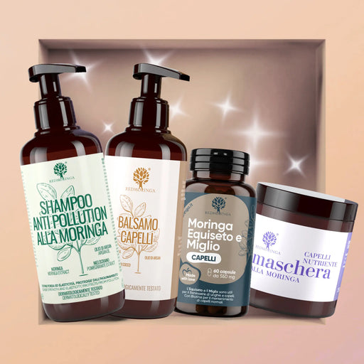 Set capelli IN&OUT RedMoringa per capelli normali: shampoo anti-pollution alla moringa, balsamo, maschera e capsule