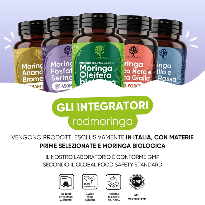 Gli integratori RedMoringa sono prodotti in Italia con Moringa biologica, laboratorio conforme GMP