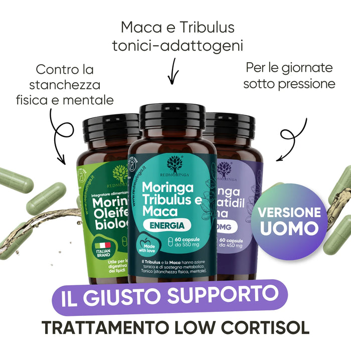 Set Low Cortisol versione uomo: Fosfatidilserina, Moringa, Maca e Tribulus