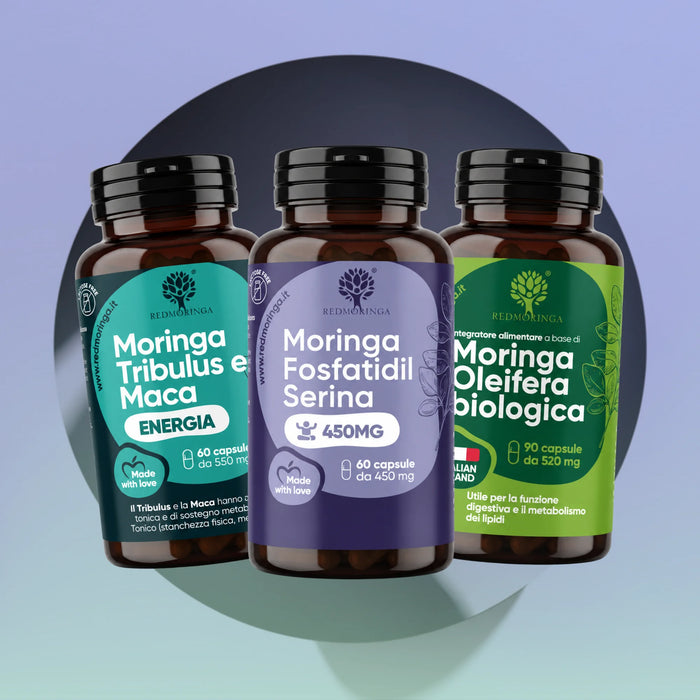 Trattamento Low Cortisolo Uomo RedMoringa: Moringa Tribulus e Maca Energia, Moringa Fosfatidilserina e Moringa Oleifera bio