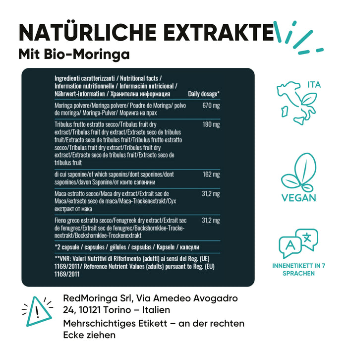 Etikett Moringa Tribulus und Maca RedMoringa: Moringa 670mg, Tribulus 180mg mit 90% Saponine, Maca und Bockshornklee