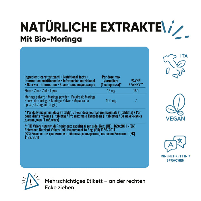 Etikett Zink und Moringa RedMoringa: Zink 15mg (150% NRV) für normalen Testosteronspiegel, Bio-Moringa 100mg