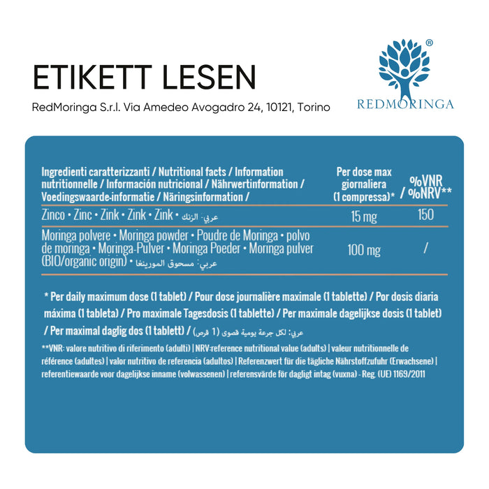 Tabella ingredienti: zinco 15 mg e Moringa 100 mg per compressa